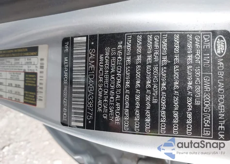 2011 Land Rover Range Rover Hse z USA, uszkodzony, nr VIN SALME1D4XBA338775